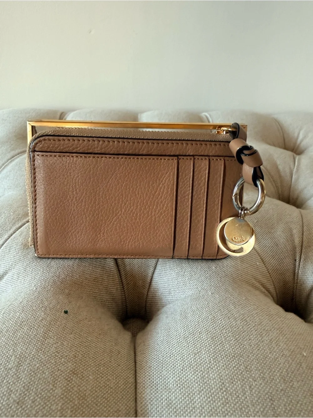 Chloé Alphabet Zip Leather Card Holder Wallet Tan Gold Charm Auth Cards